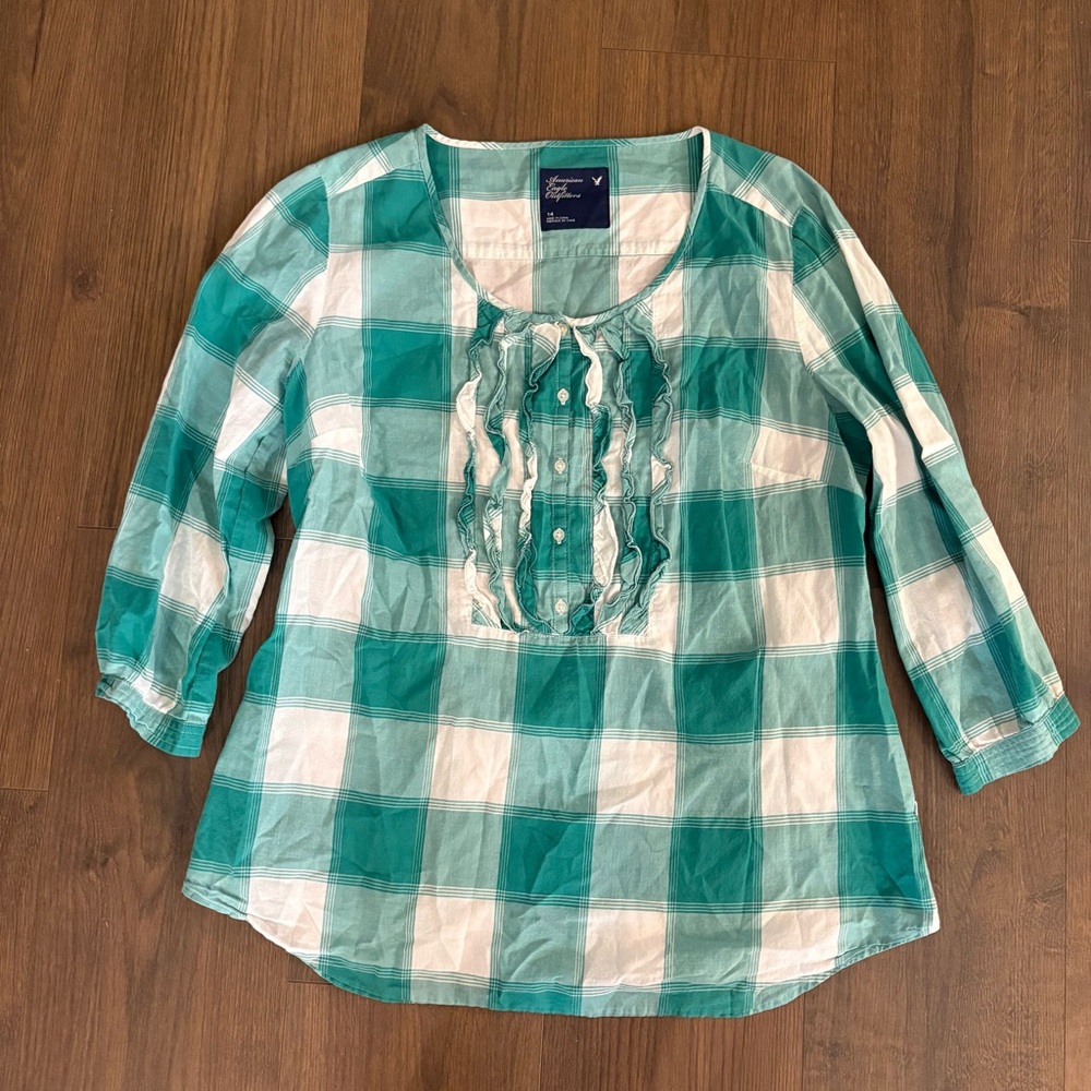 American Eagle Women’s Ruffled Plaid Blouse Size 14